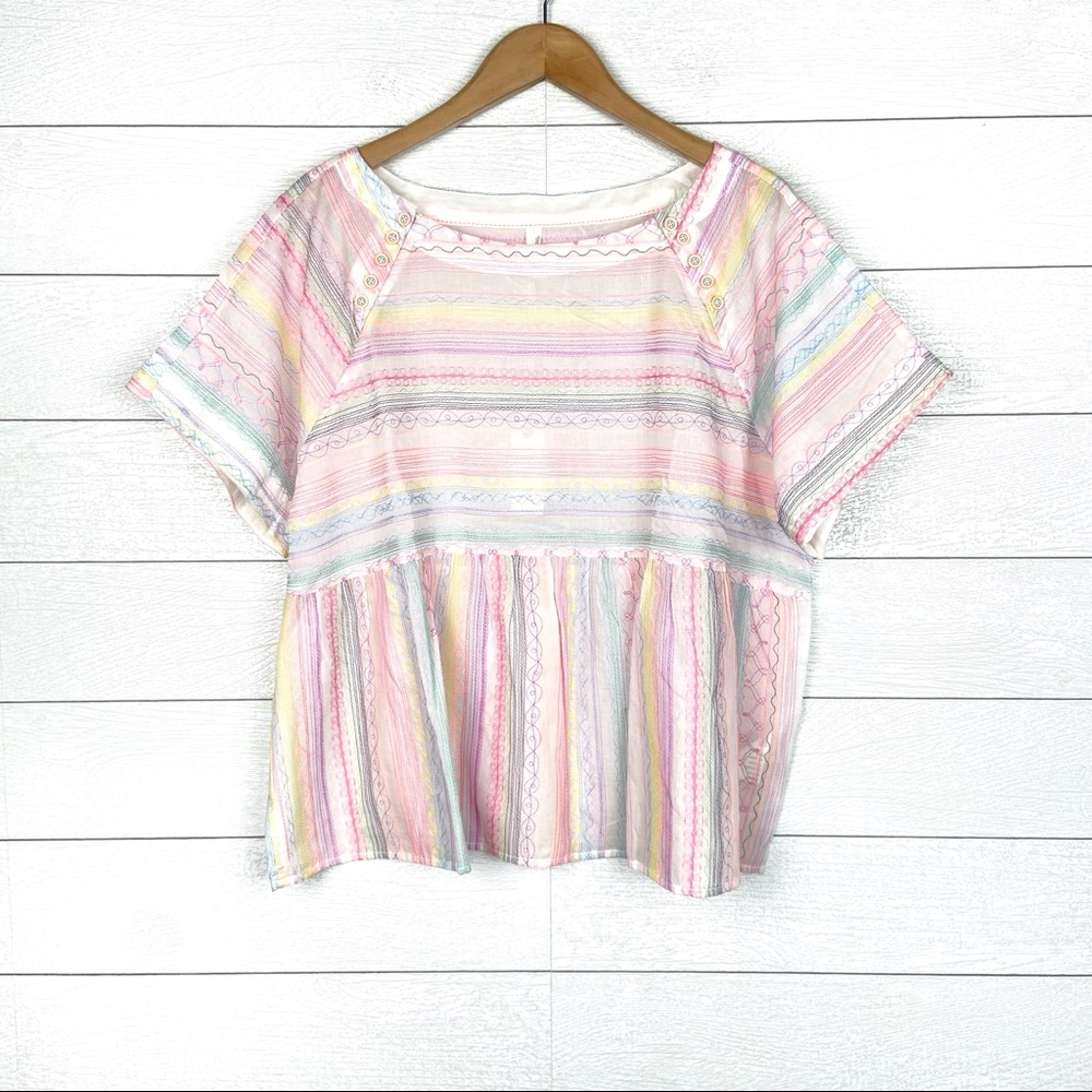 NWT Anthropologie Colorful Embroidered Boxy Oversized Short Sleeve Babydoll Top